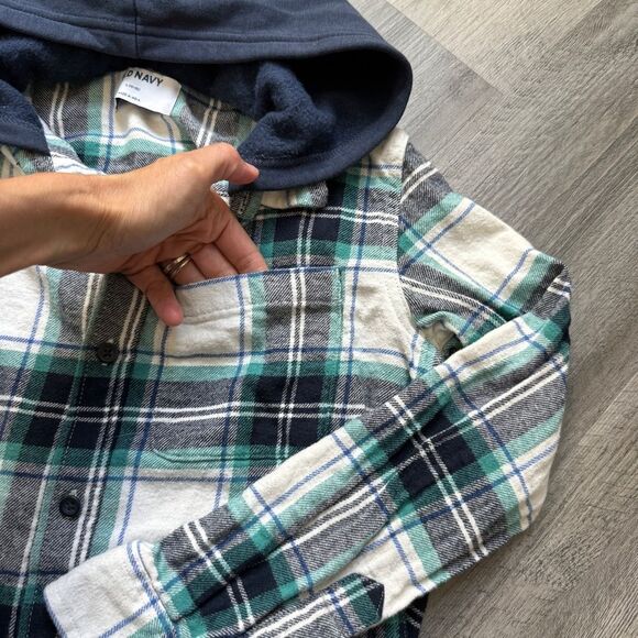 Plaid Flannel Button Down Hooded Shirt  Navy Teal White Large - Picture 6 of 8